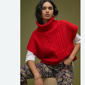 Anthropologie Callahan cable-knit poncho bright Red Turtleneck Sweater